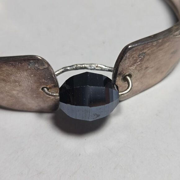 Vintage Spoon Handle Bracelet Hematite Bead Floral Detail - Picture 2 of 9